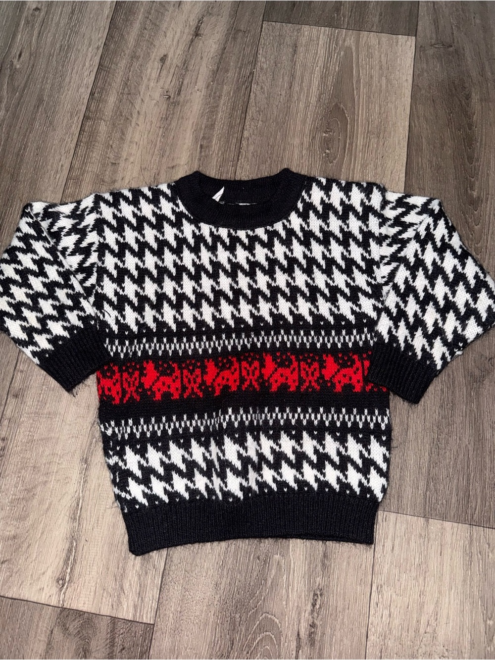 Kids Black & White Houndstooth Sweater with Red Accent